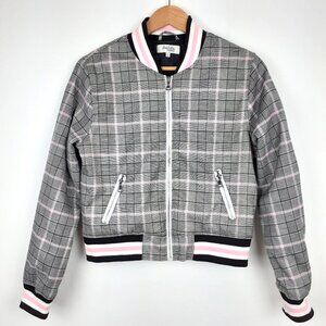 Y2K Vibe Spring Bomber Jacket Size M Gray Black White Pink Plaid Charlotte Russe